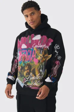 boohooMAN Oversized Graffiti Renaissance Over Seams Graphic Print Hoodie | UK| Hoodies & Sweatshirts