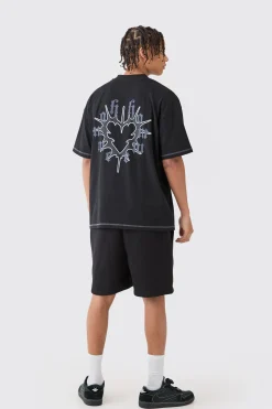 boohooMAN Oversized Graphic Heart Contrast Stitch T-shirt & Short Set | UK| Sets & Co-Ords|Tracksuits