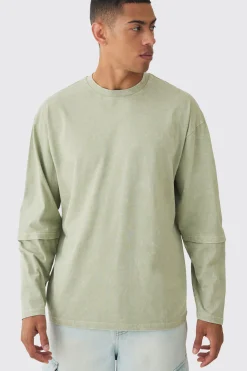 Oversized Half Faux Layer Oil Wash T-shirt | UK^boohooMAN Outlet