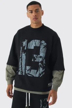 boohooMAN Oversized Half Sleeve Faux Layer 13 Applique Sweatshirt | UK| Shirts|Hoodies & Sweatshirts