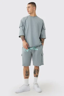 boohooMAN Oversized Half Sleeve Raw Hem Cargo T-shirt & Short Set | UK| Sets & Co-Ords|Tracksuits