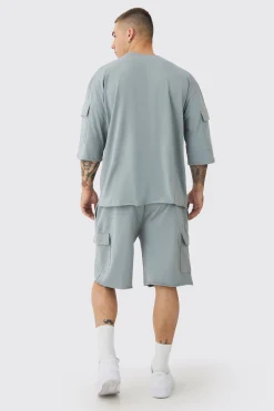 boohooMAN Oversized Half Sleeve Raw Hem Cargo T-shirt & Short Set | UK| Sets & Co-Ords|Tracksuits