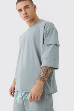 boohooMAN Oversized Half Sleeve Raw Hem Cargo T-shirt & Short Set | UK| Sets & Co-Ords|Tracksuits