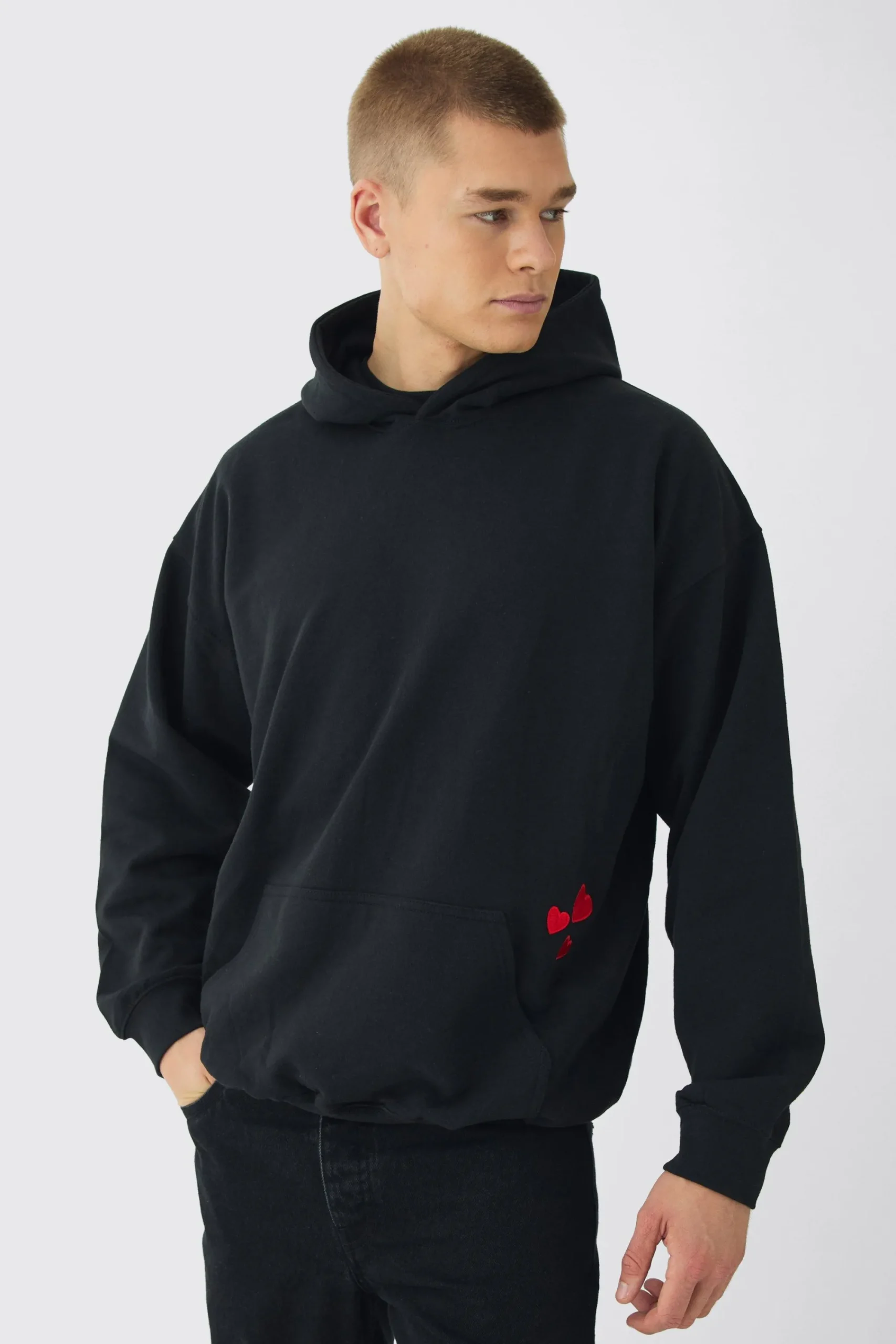 boohooMAN Oversized Heart Embroidered Pocket Hoodie | UK| Hoodies & Sweatshirts