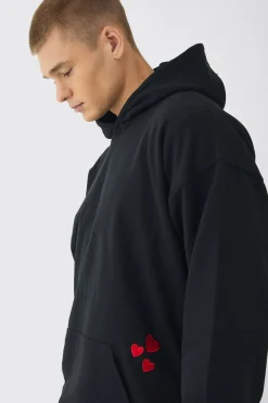 boohooMAN Oversized Heart Embroidered Pocket Hoodie | UK| Hoodies & Sweatshirts