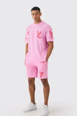 boohooMAN Oversized Heart Spray Print T-shirt & Short Set | UK| Sets & Co-Ords|Tracksuits