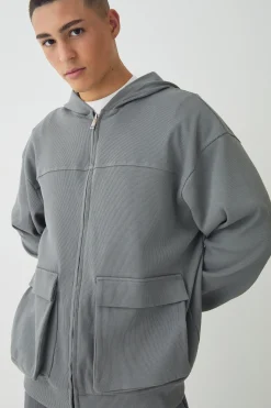 boohooMAN Oversized Heavy Ribbed Pocket Zip Through Hoodie | UK| Hoodies & Sweatshirts