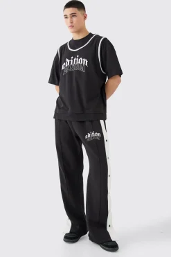 boohooMAN Oversized Heavyweight Faux Layer Varsity Split Hem Tracksuit | UK| Sets & Co-Ords