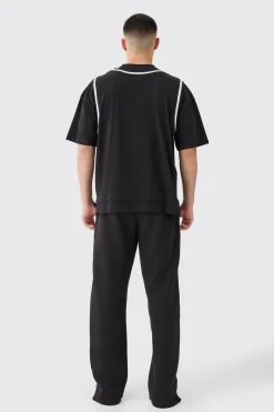boohooMAN Oversized Heavyweight Faux Layer Varsity Split Hem Tracksuit | UK| Sets & Co-Ords