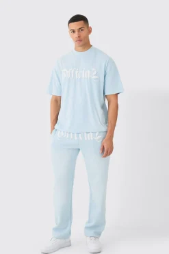 boohooMAN Oversized Heavyweight Spray Wash Denim Applique Tracksuit | UK| Sets & Co-Ords