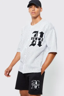 boohooMAN Oversized Homme Pinstripe Baseball Polo And Short Set | UK| Tracksuits