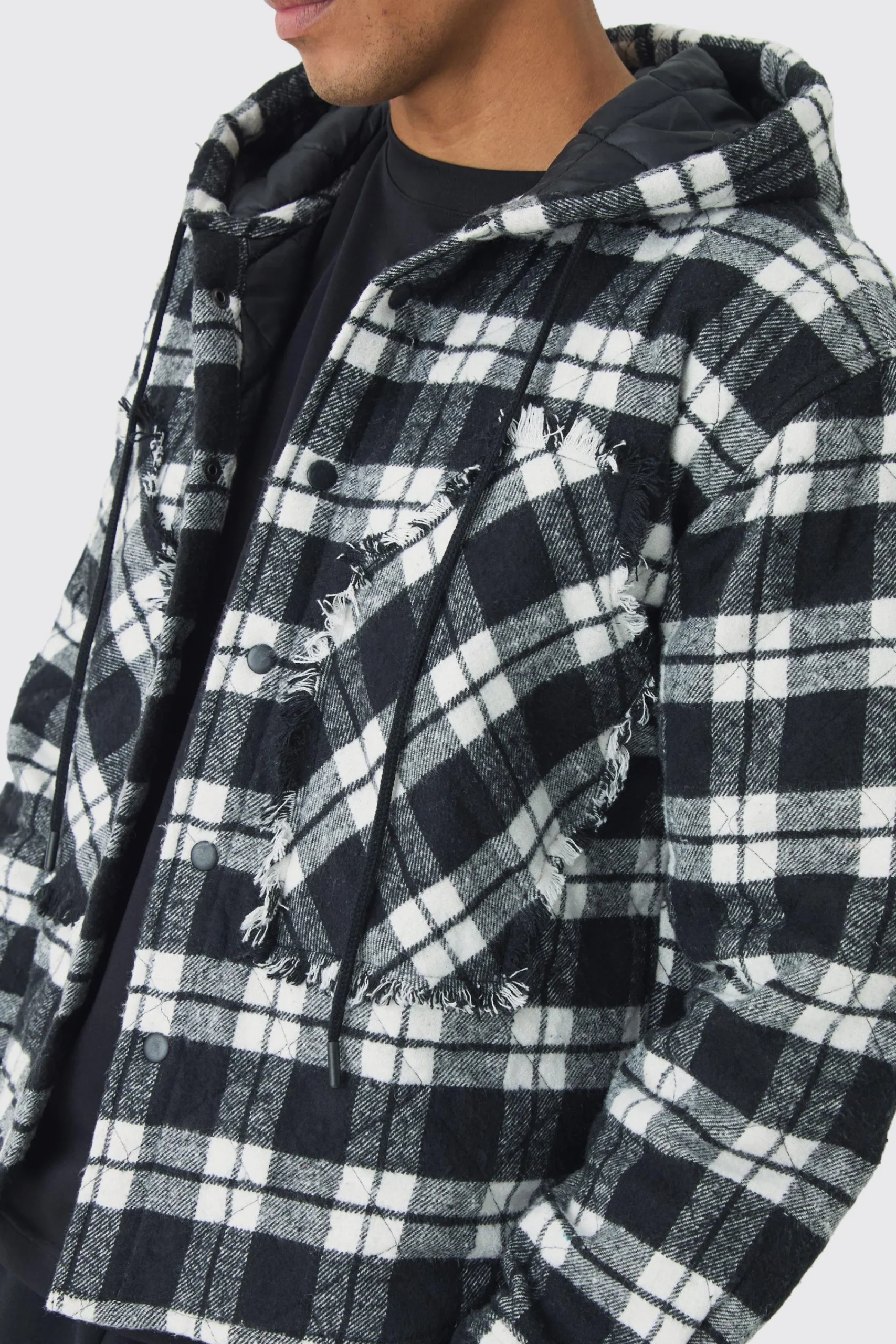 boohooMAN Oversized Hooded Check Patchwork Padded Shirt | UK| Shirts