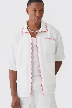 boohooMAN Oversized Linen Contrast Cross Stitch Shirt | UK| Shirts