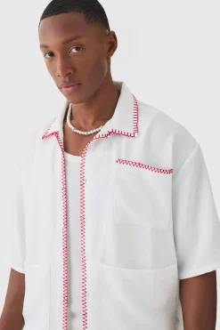 boohooMAN Oversized Linen Contrast Cross Stitch Shirt | UK| Shirts