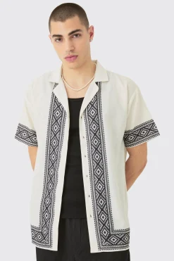 boohooMAN Oversized Linen Look Aztec Border Shirt | UK| Shirts