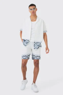boohooMAN Oversized Linen Look Border Hem Shirt & Short | UK| Sets & Co-Ords