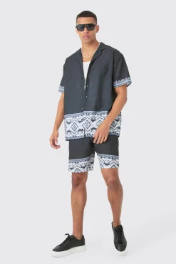 boohooMAN Oversized Linen Look Border Hem Shirt & Short | UK| Sets & Co-Ords