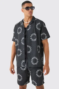 boohooMAN Oversized Linen Look Monogram Shirt & Short Set | UK| Sets & Co-Ords