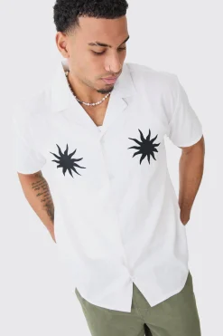 boohooMAN Oversized Linen Look Sun Embroidered Shirt | UK| Shirts