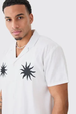 boohooMAN Oversized Linen Look Sun Embroidered Shirt | UK| Shirts