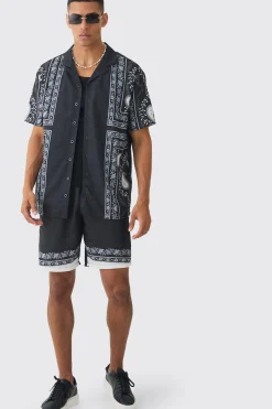boohooMAN Oversized Linen Look Tile Print Shirt & Short | UK| Sets & Co-Ords