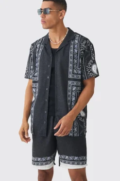boohooMAN Oversized Linen Look Tile Print Shirt & Short | UK| Sets & Co-Ords