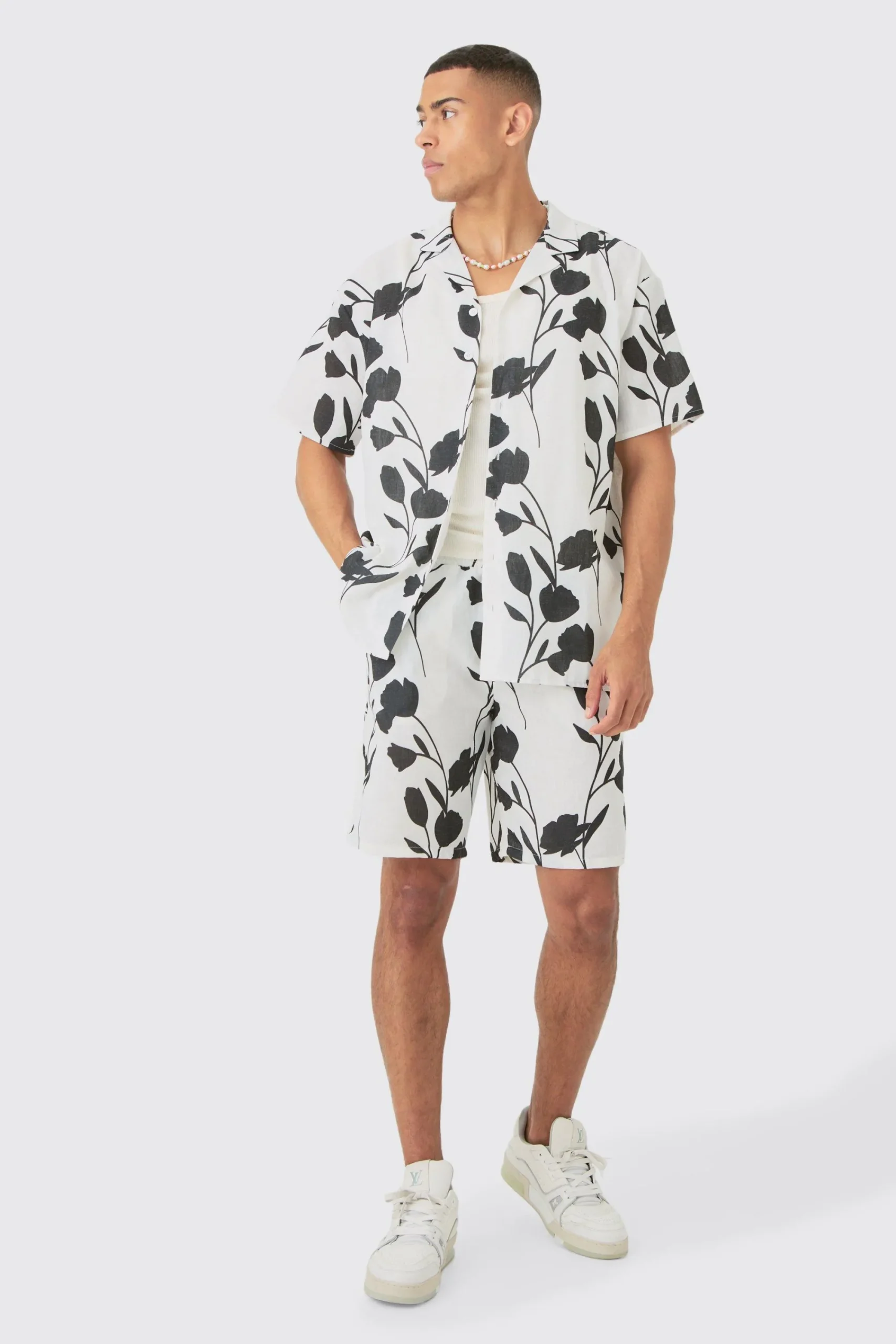 boohooMAN Oversized Linen Look Vine Shirt & Short Set | UK| Sets & Co-Ords