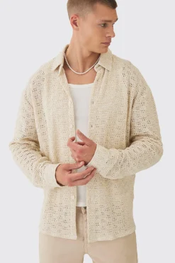 Oversized Long Sleeve Crochet Shirt | UK^boohooMAN Online