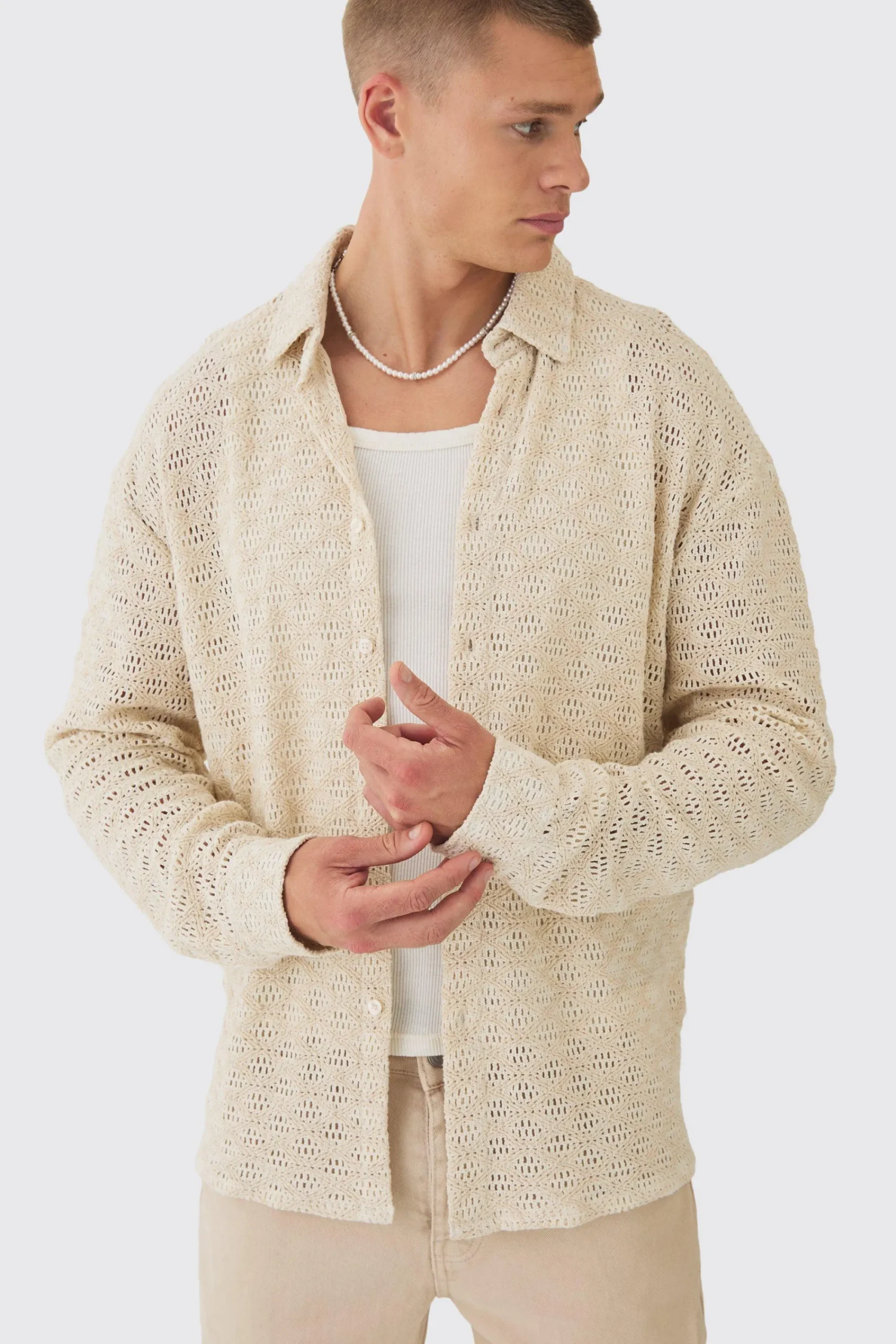 Oversized Long Sleeve Crochet Shirt | UK^boohooMAN Online