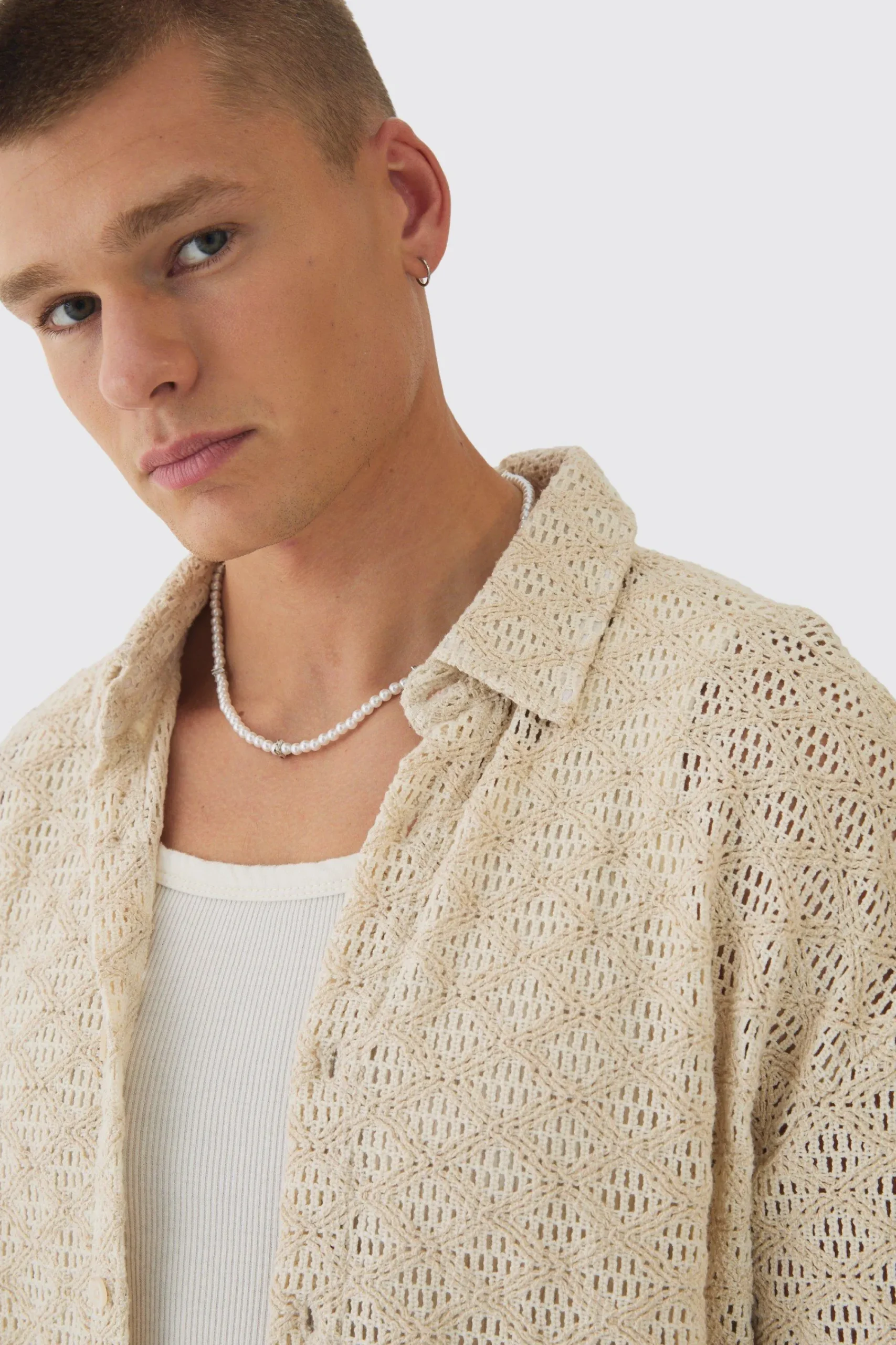 Oversized Long Sleeve Crochet Shirt | UK^boohooMAN Online