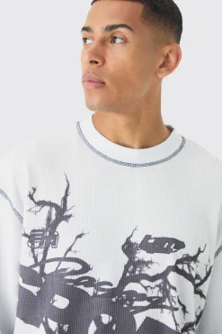 boohooMAN Oversized Long Sleeve Printed Waffle Sweatshirt | UK| Hoodies & Sweatshirts