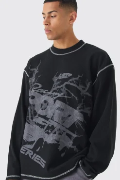 boohooMAN Oversized Long Sleeve Printed Waffle Sweatshirt | UK| Hoodies & Sweatshirts