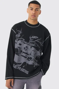 boohooMAN Oversized Long Sleeve Printed Waffle Sweatshirt | UK| Hoodies & Sweatshirts