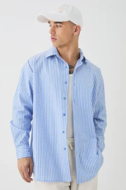 Oversized Long Sleeve Striped Shirt In Blue | UK^boohooMAN Best