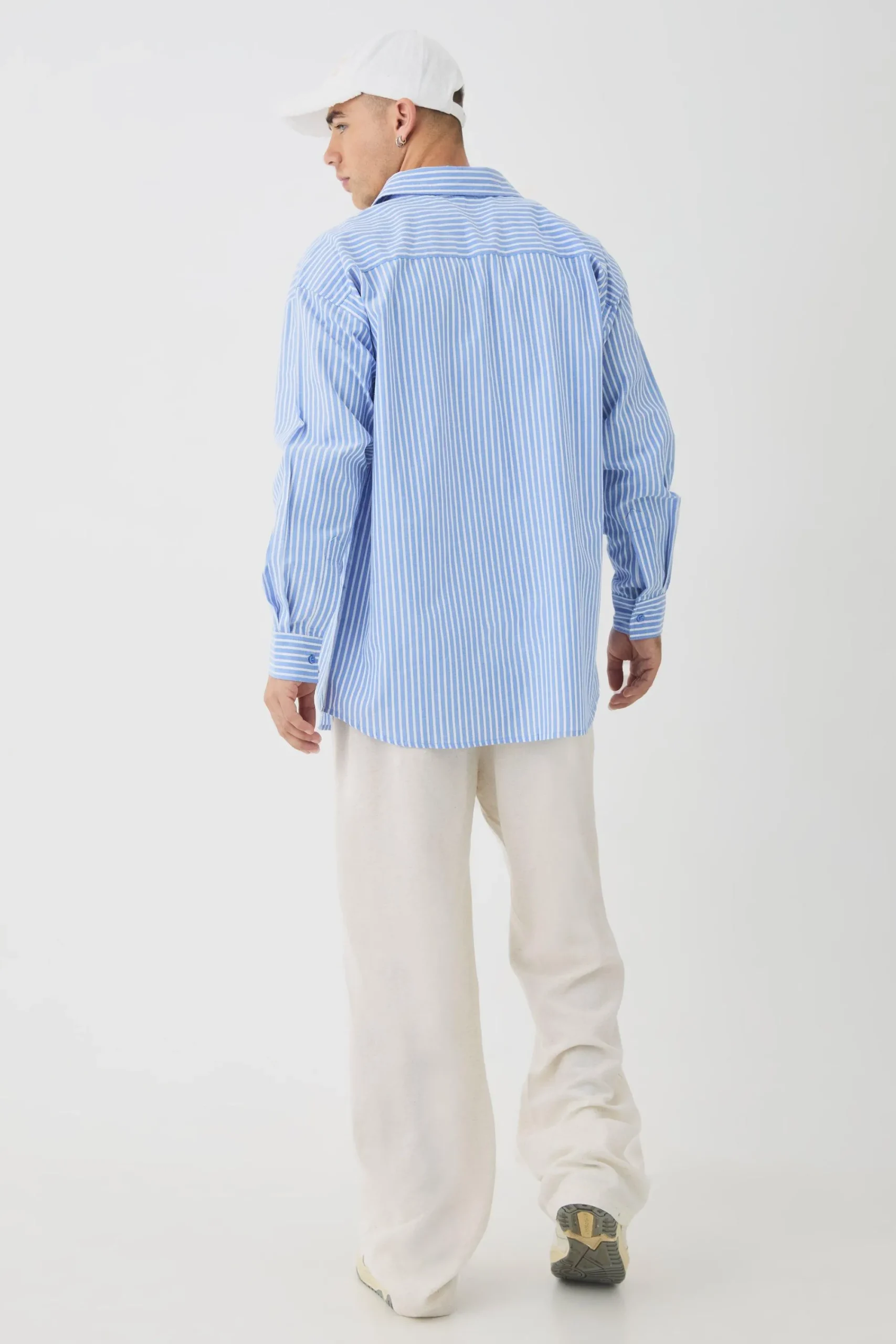 Oversized Long Sleeve Striped Shirt In Blue | UK^boohooMAN Best