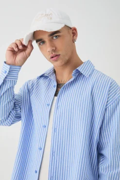 Oversized Long Sleeve Striped Shirt In Blue | UK^boohooMAN Best