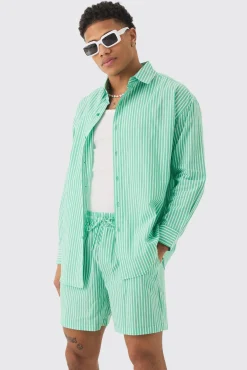 boohooMAN Oversized Long Sleeve Striped Shirt & Short Set In | UK| Sets & Co-Ords