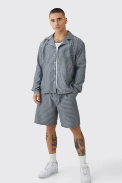 boohooMAN Oversized Long Sleeve Stripe Shirt & Short Set | UK| Sets & Co-Ords