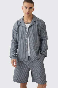 boohooMAN Oversized Long Sleeve Stripe Shirt & Short Set | UK| Sets & Co-Ords