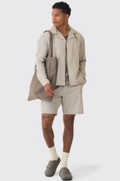 boohooMAN Oversized Long Sleeve Stripe Shirt & Short Set | UK| Sets & Co-Ords