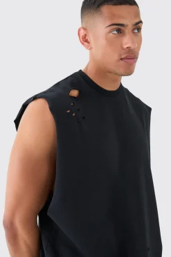 Oversized Loopback Drop Armhole Distressed Tank | UK^boohooMAN Outlet