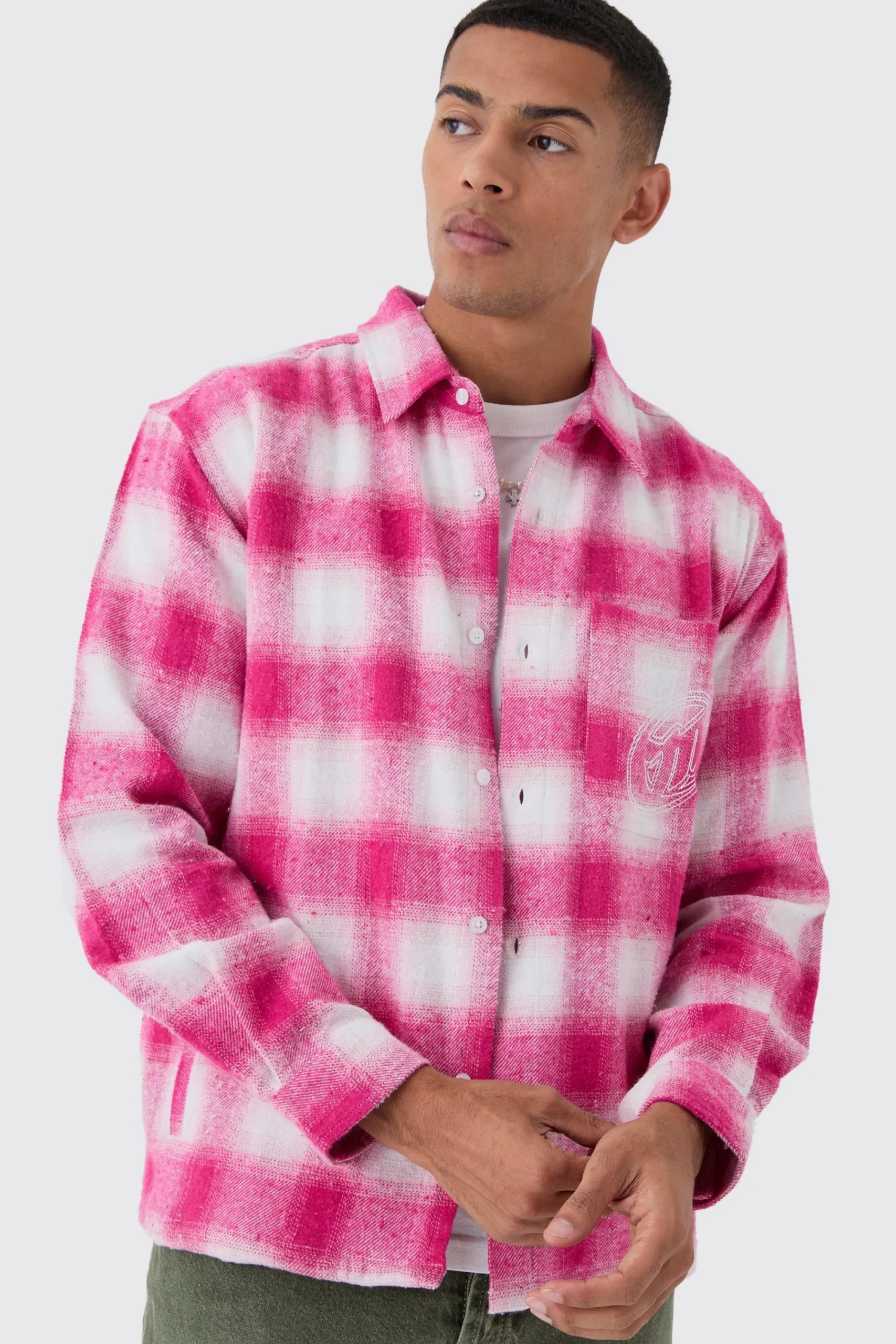 boohooMAN Oversized M Embroidered Check Long Sleeve Shirt | UK| Shirts
