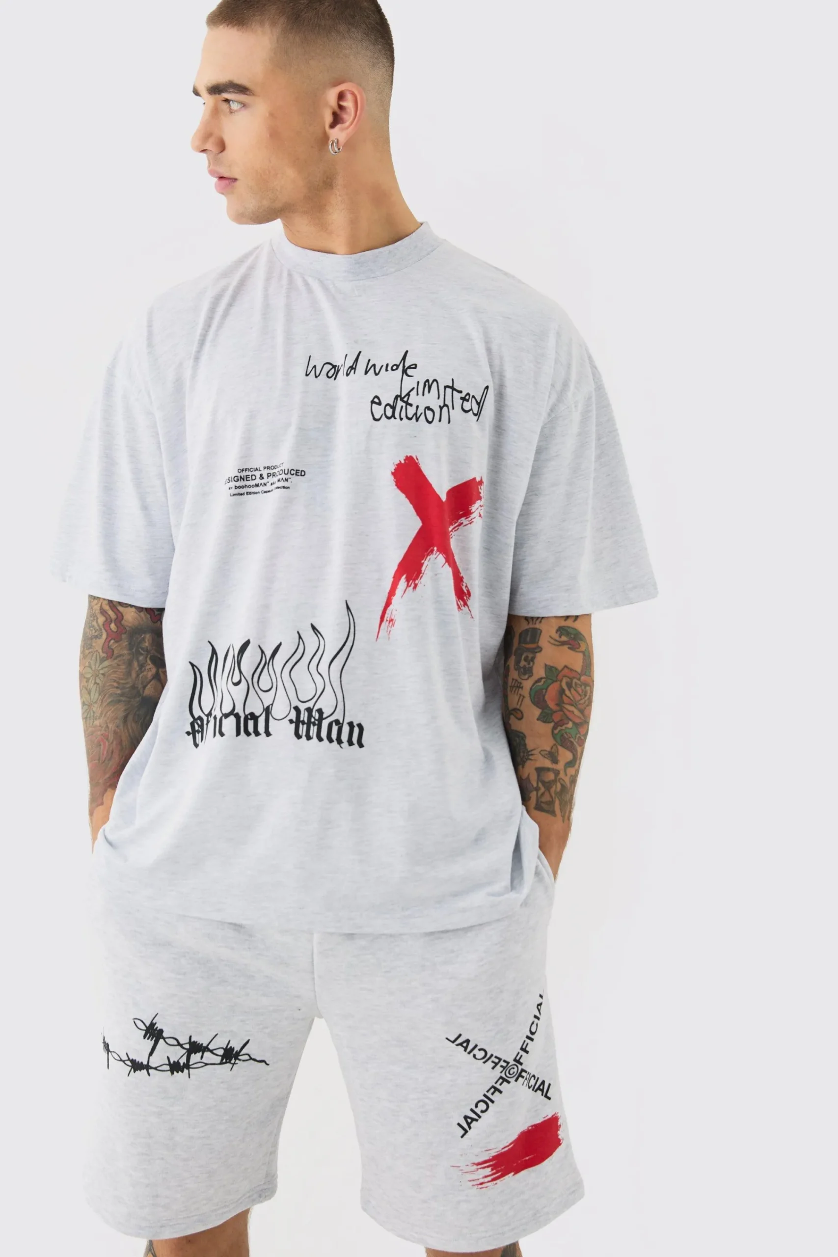 boohooMAN Oversized Man Graffiti T-shirt And Short Set | UK| Sets & Co-Ords|Tracksuits