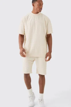 boohooMAN Oversized Man Towelling Jacquard T-shirt & Shorts Set | UK| Tracksuits