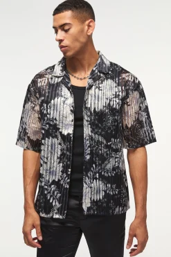 Oversized Mesh Pleated Printed Revere Shirt | UK^boohooMAN Clearance