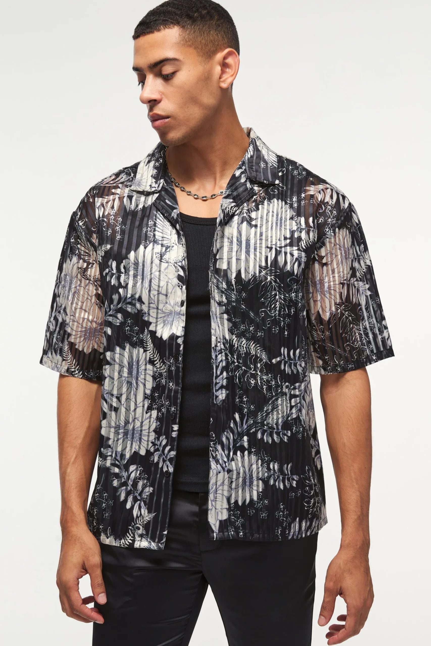 Oversized Mesh Pleated Printed Revere Shirt | UK^boohooMAN Clearance