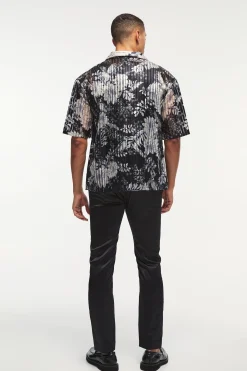 Oversized Mesh Pleated Printed Revere Shirt | UK^boohooMAN Clearance