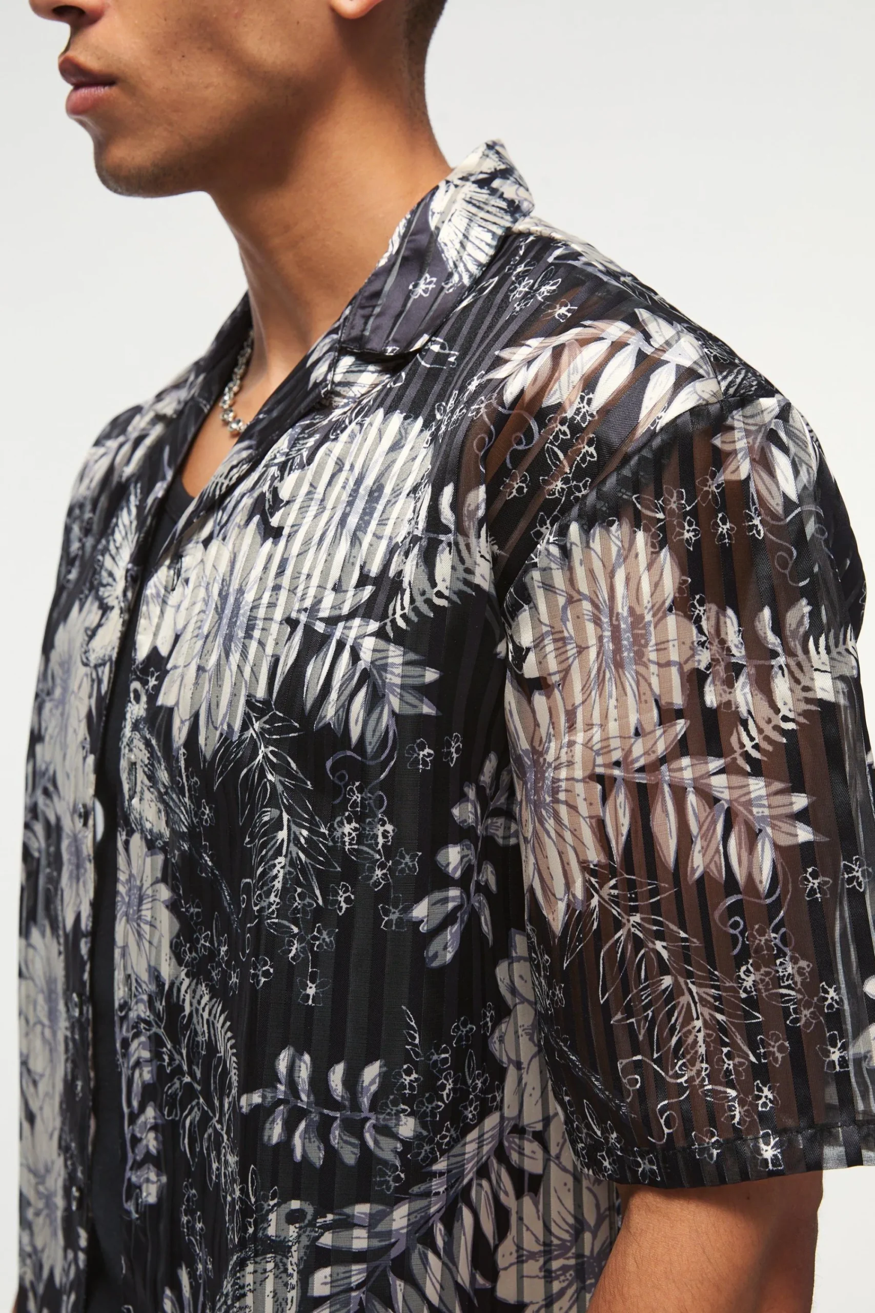 Oversized Mesh Pleated Printed Revere Shirt | UK^boohooMAN Clearance
