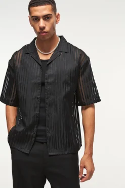 Oversized Mesh Pleated Revere Boxy Shirt | UK^boohooMAN Clearance