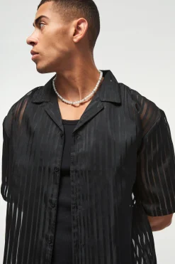 Oversized Mesh Pleated Revere Boxy Shirt | UK^boohooMAN Clearance